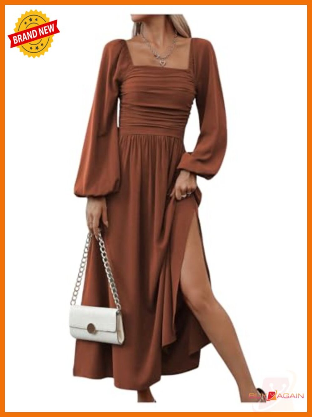 Square Neck Lantern Sleeve Ruched Midi Dress Bodycon Split